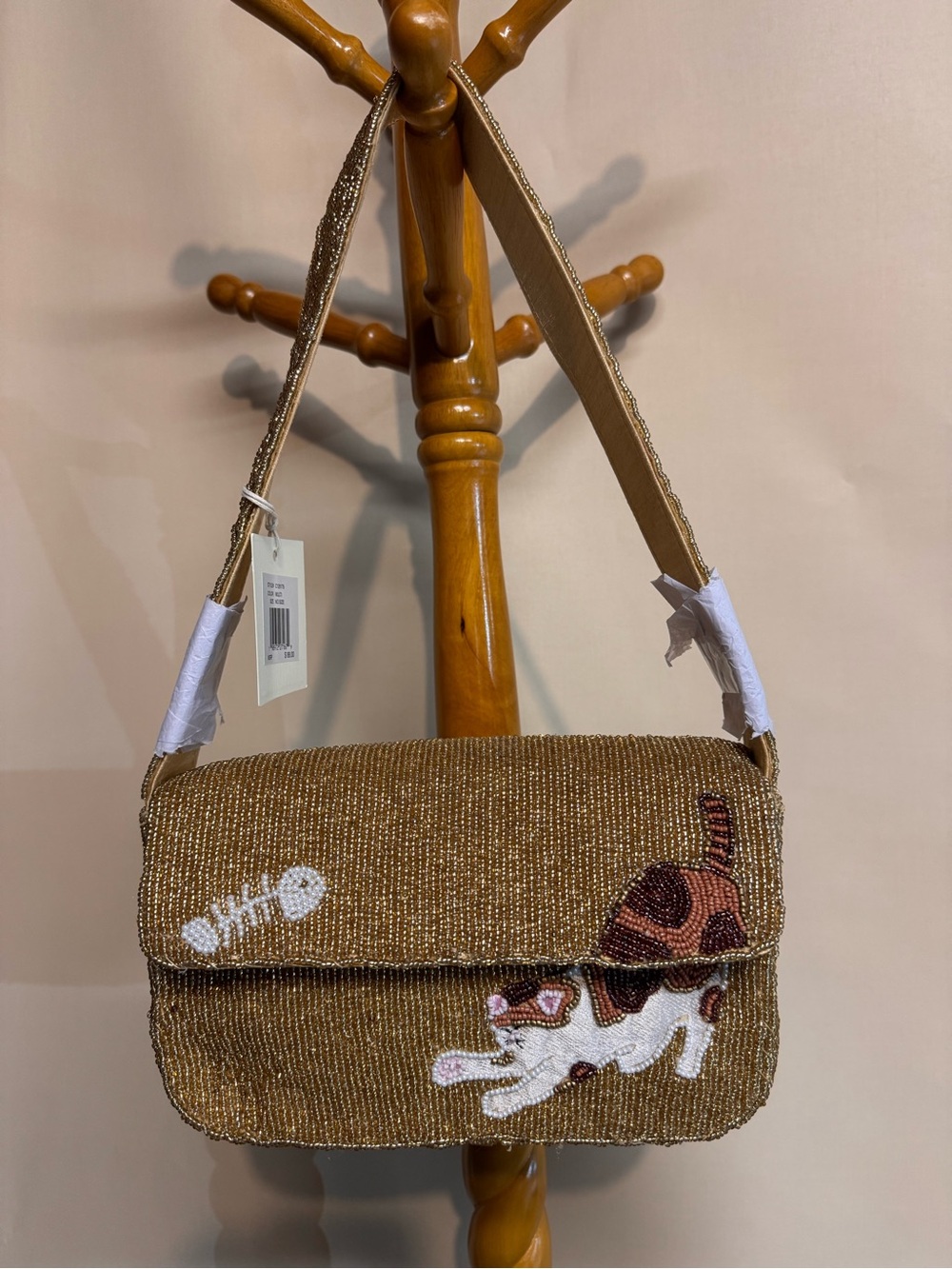 Sol and Mer Beaded Calico Cat and Fishbone Shoulder Bag New with Tags